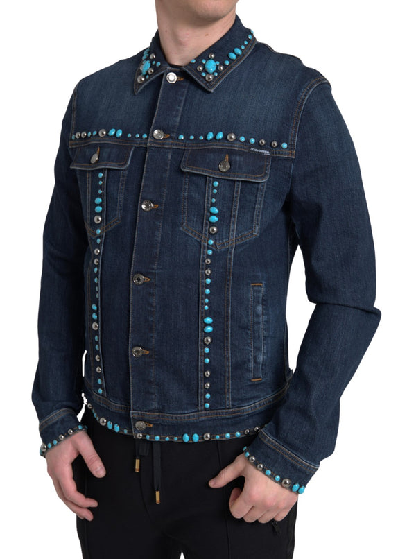 Dolce &amp; Gabbana Blue Denim Turquoise Stones Studded -takki