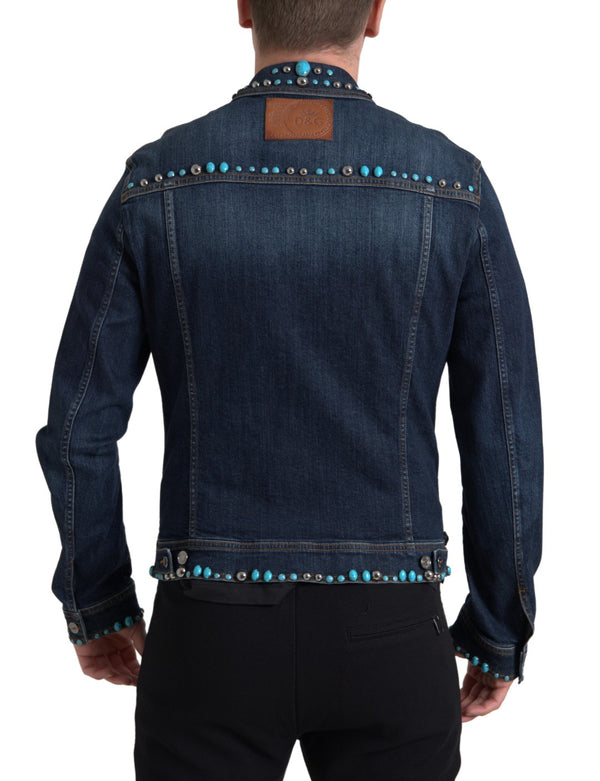 Dolce &amp; Gabbana Blue Denim Turquoise Stones Studded -takki