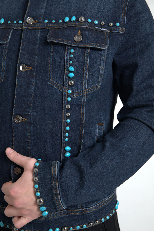 Dolce &amp; Gabbana Blue Denim Turquoise Stones Studded -takki