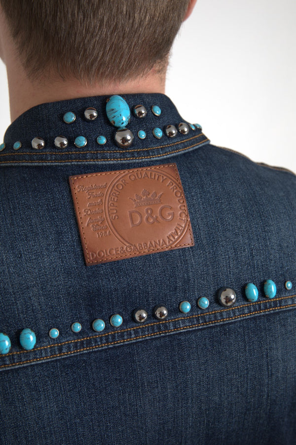 Dolce &amp; Gabbana Blue Denim Turquoise Stones Studded -takki