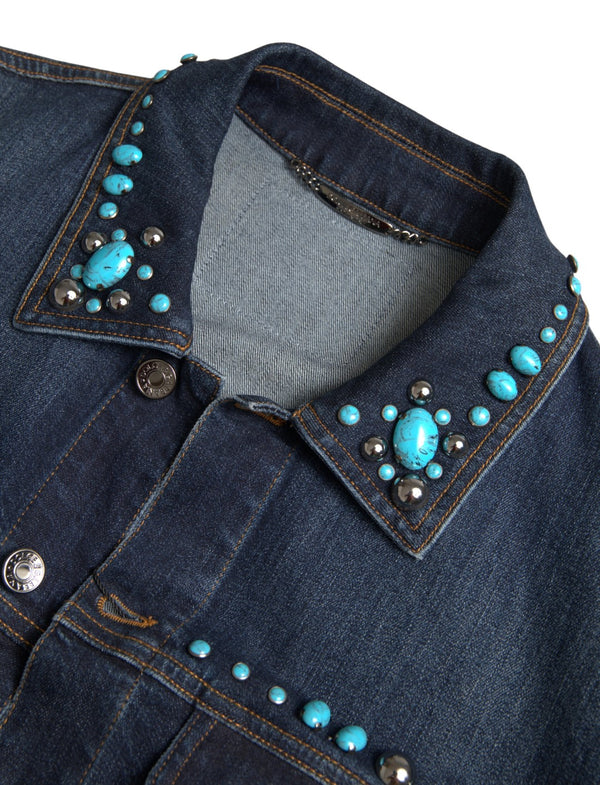 Dolce &amp; Gabbana Blue Denim Turquoise Stones Studded -takki