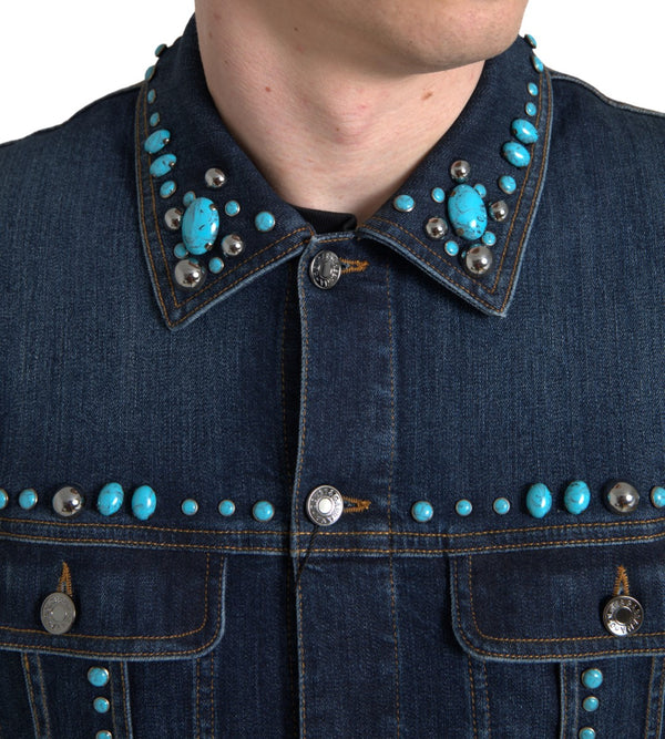 Dolce &amp; Gabbana Blue Denim Turquoise Stones Studded -takki