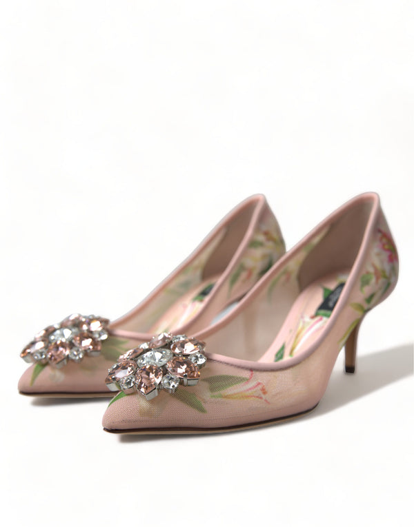 Dolce &amp; Gabbana Pink Floral Crystal Heels Pumps -kengät