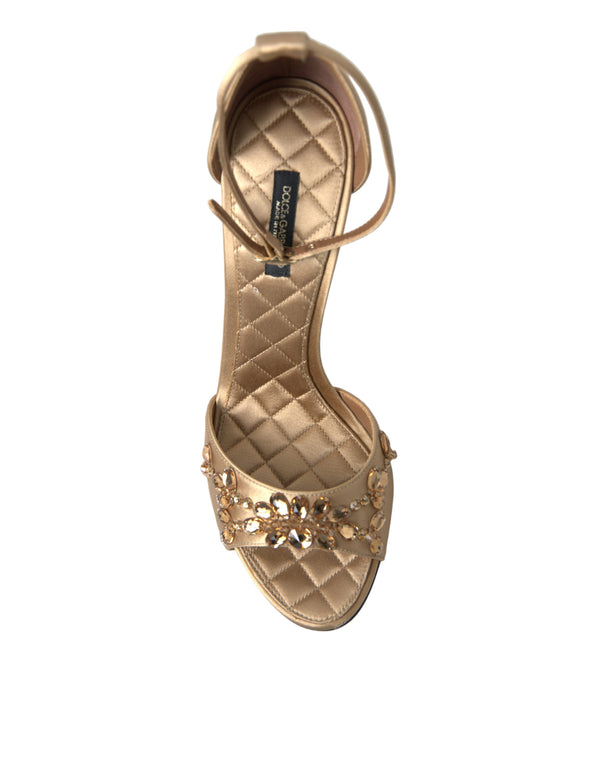 Dolce &amp; Gabbana Gold Satin Ankle Strap Crystal Sandals -kengät