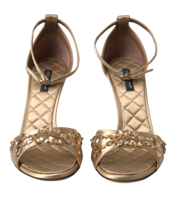 Dolce &amp; Gabbana Gold Satin Ankle Strap Crystal Sandals -kengät