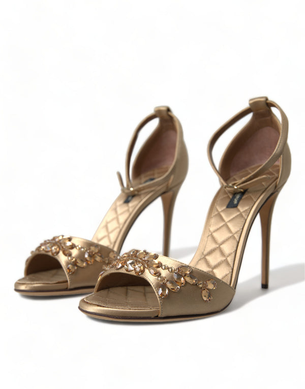 Dolce &amp; Gabbana Gold Satin Ankle Strap Crystal Sandals -kengät