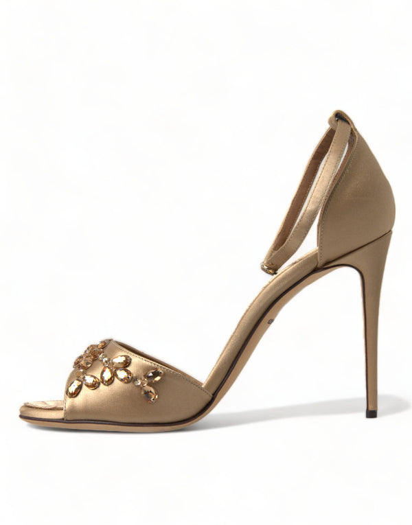 Dolce &amp; Gabbana Gold Satin Ankle Strap Crystal Sandals -kengät