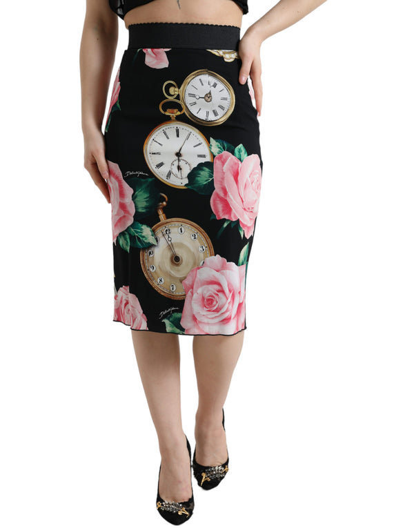 Dolce &amp; Gabbana Black Rose Clock korkeavyötäröinen lyijykynällä leikattu hame