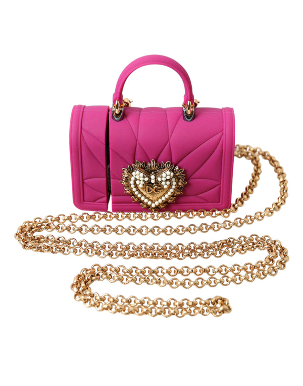 Dolce &amp; Gabbana Pink Silicone Devotion Heart Bag Gold Chain Airpods -kotelo