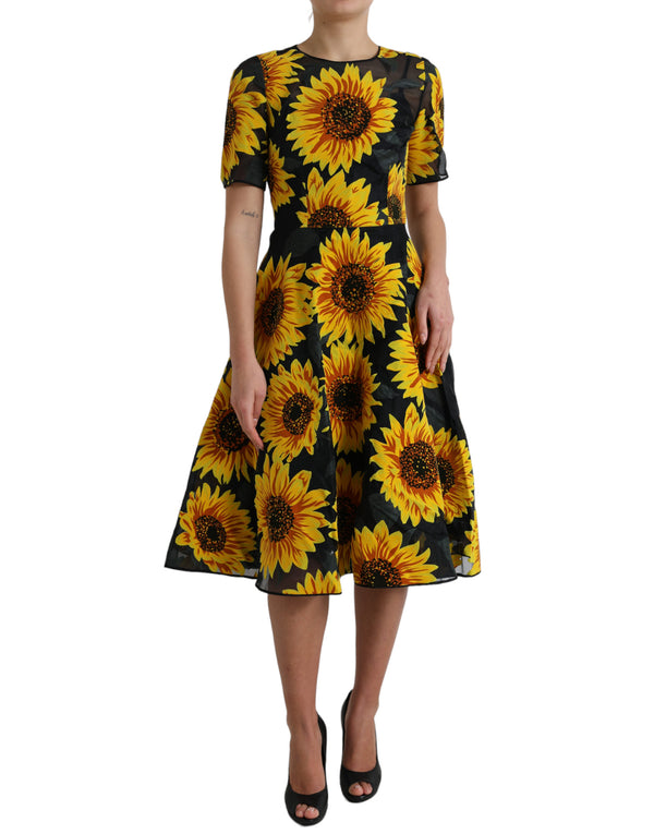 Dolce &amp; Gabbana Black Sunflower Print Nylon A-linjainen Midi-mekko