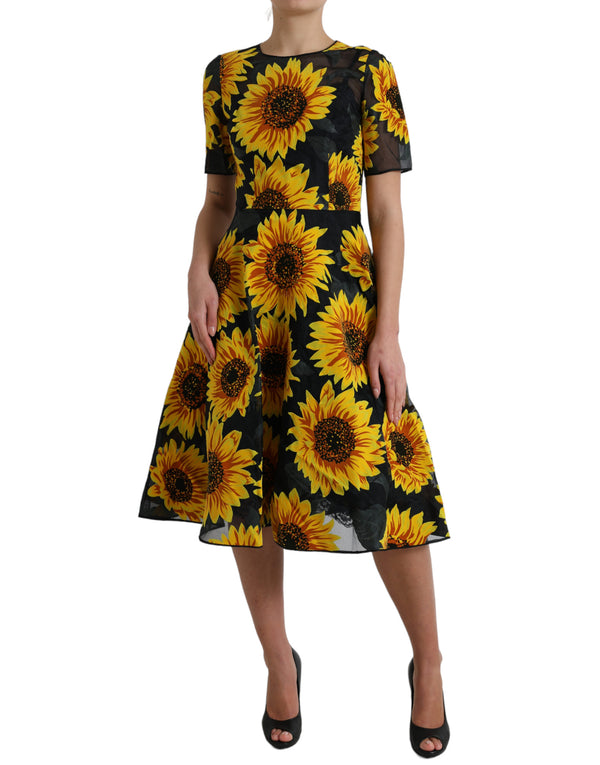 Dolce &amp; Gabbana Black Sunflower Print Nylon A-linjainen Midi-mekko