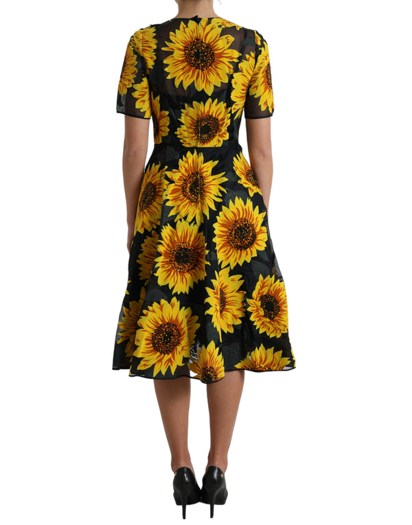 Dolce &amp; Gabbana Black Sunflower Print Nylon A-linjainen Midi-mekko