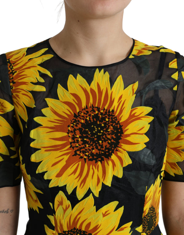 Dolce &amp; Gabbana Black Sunflower Print Nylon A-linjainen Midi-mekko