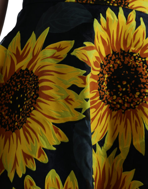 Dolce &amp; Gabbana Black Sunflower Print Nylon A-linjainen Midi-mekko