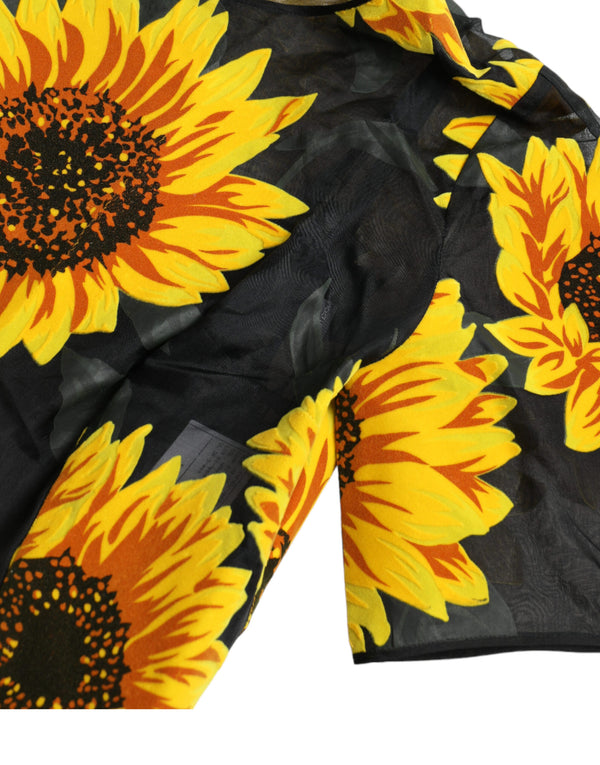 Dolce &amp; Gabbana Black Sunflower Print Nylon A-linjainen Midi-mekko