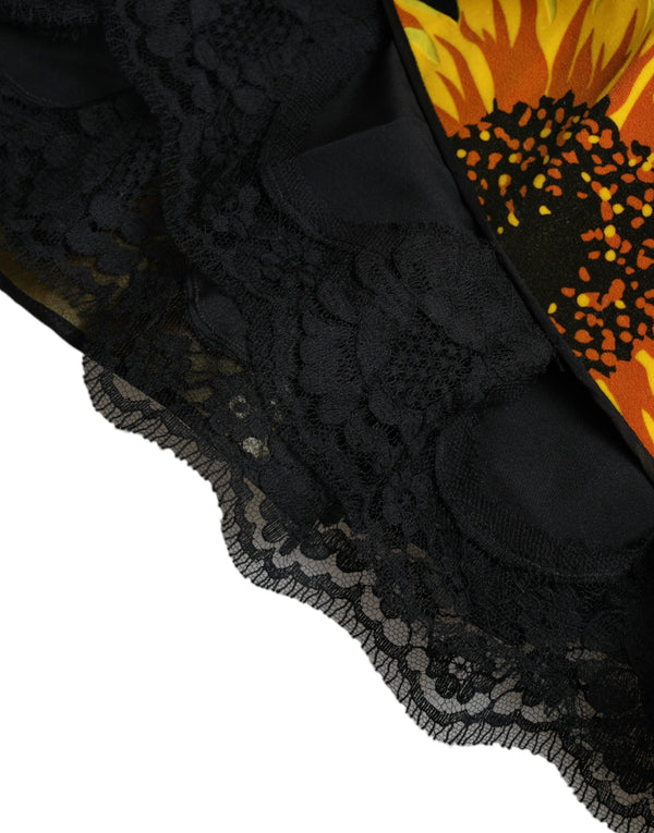 Dolce &amp; Gabbana Black Sunflower Print Nylon A-linjainen Midi-mekko