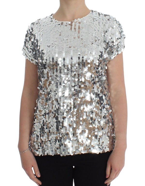 Dolce &amp; Gabbana Silver Sequined Crewneck Pusero T-paita Top