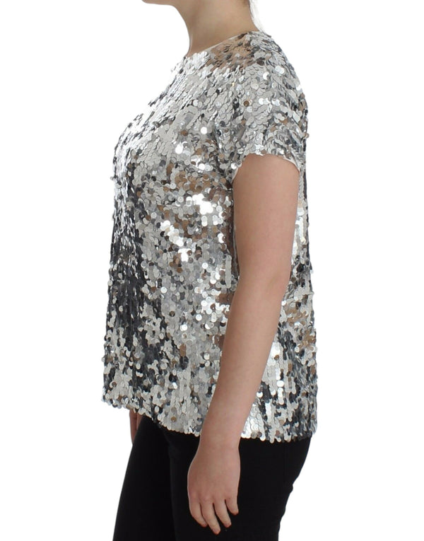 Dolce &amp; Gabbana Silver Sequined Crewneck Pusero T-paita Top