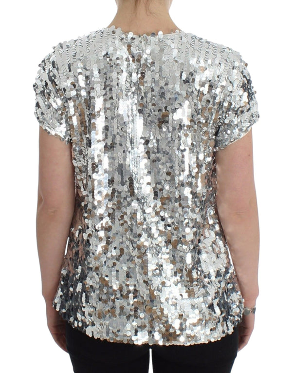 Dolce &amp; Gabbana Silver Sequined Crewneck Pusero T-paita Top