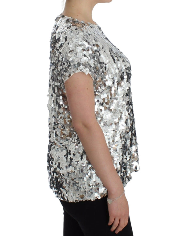 Dolce &amp; Gabbana Silver Sequined Crewneck Pusero T-paita Top