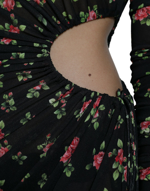 Dolce &amp; Gabbana musta kukkakuvioinen leikattu tuppi pitkä maximekko