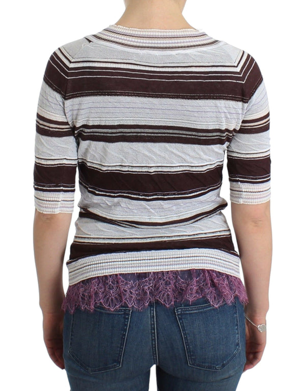 Ermanno Scervino Striped V-Neck Knit Top with Lace Hem