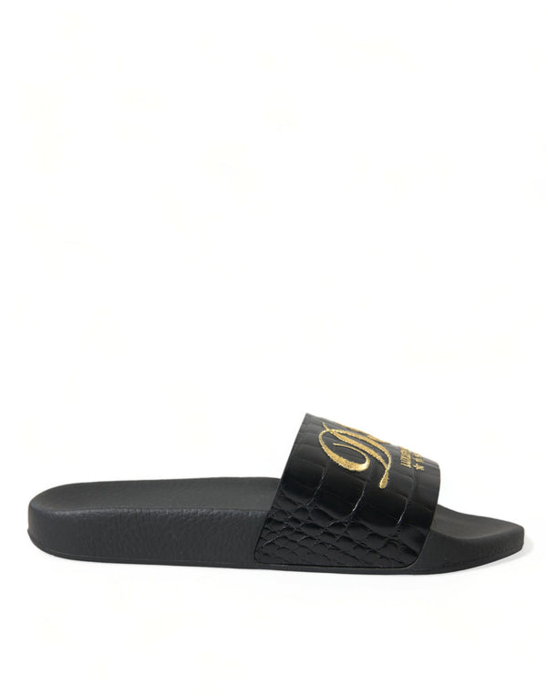 Dolce & Gabbana Elegant Black and Gold Leather Slides