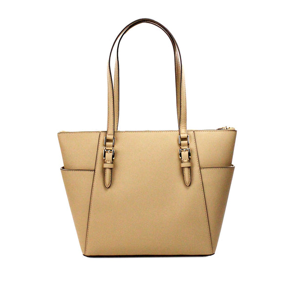 Michael Kors Charlotte Camel Large Leather Top Zip Tote Bag Purse