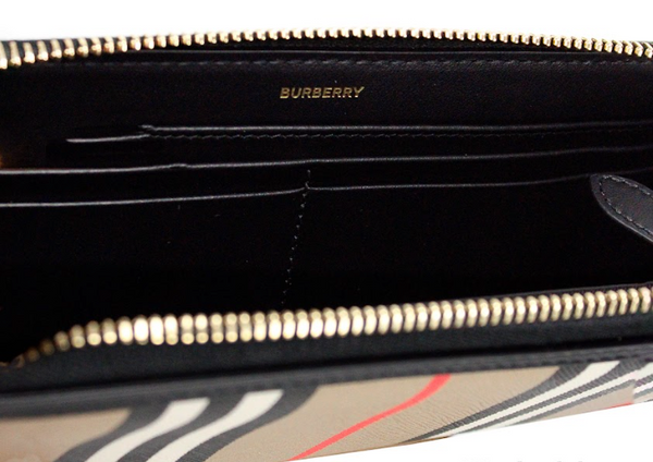 Burberry Ellerby Black Leather Icon Stripe Canvas Zip Around Continental Wallet