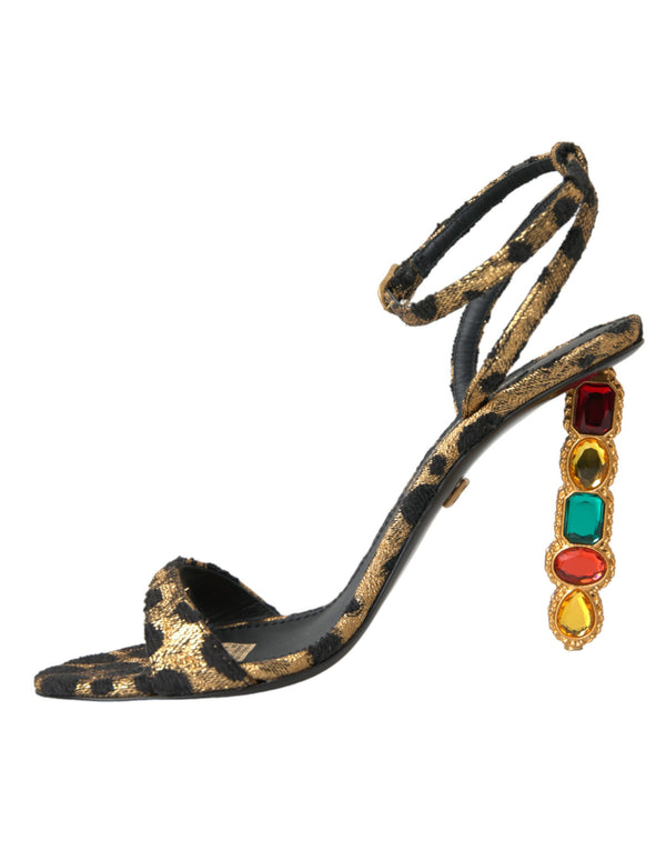 Dolce & Gabbana Gold Leopard Crystals Heels Sandals Shoes