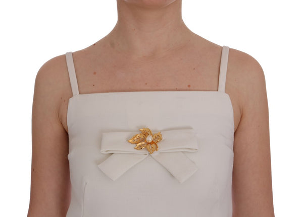 Dolce & Gabbana Elegant White Wool Shift Dress with Gold Brooch