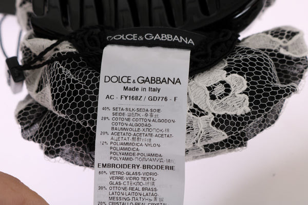 Dolce &amp; Gabbana Black White Floral Lace Crystal Hair Claw