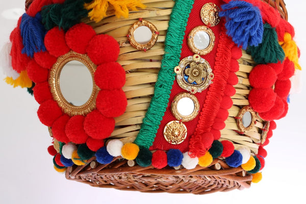 Dolce & Gabbana Multicolor AGNESE Straw Crystal  Pom Pom Bag