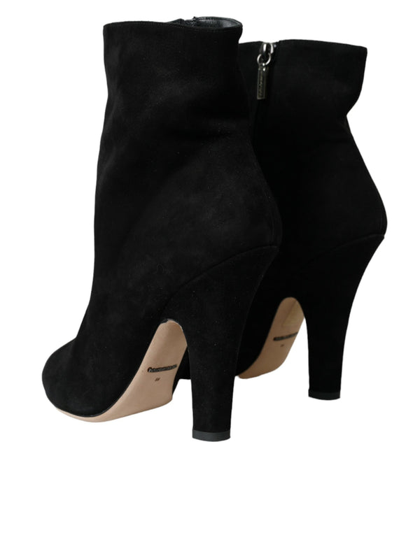 Dolce & Gabbana Black Suede Leather Ankle Heels Boots Shoes