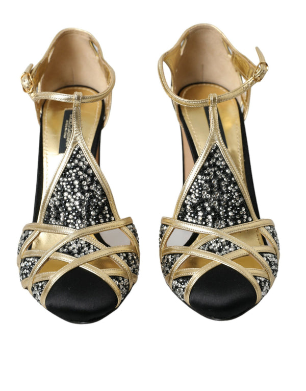 Dolce & Gabbana Black Suede Gold Embellished Heels Pump Shoes