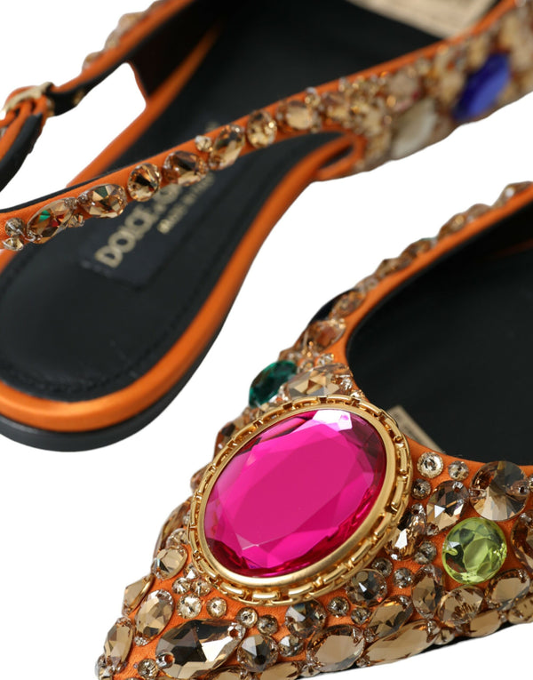 Dolce & Gabbana Orange Satin Crystals Flats Sandals Shoes