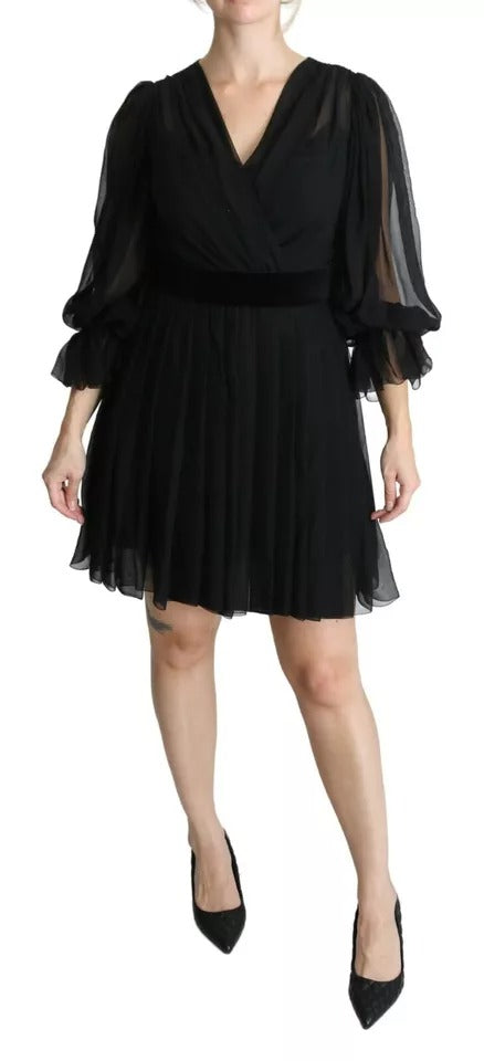 Dolce & Gabbana Black Mesh Pleated Mini Silk Blend Dress