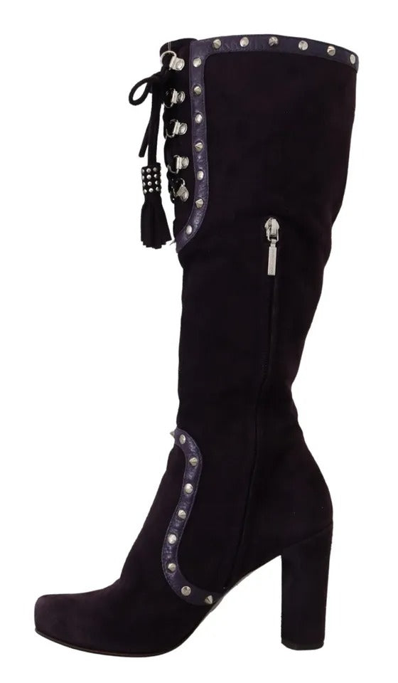 Dolce & Gabbana Purple Suede Leather Studded High Boots Shoes