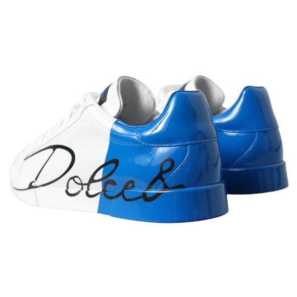 Dolce & Gabbana White Blue Leather Logo Low Top Sneakers Shoes