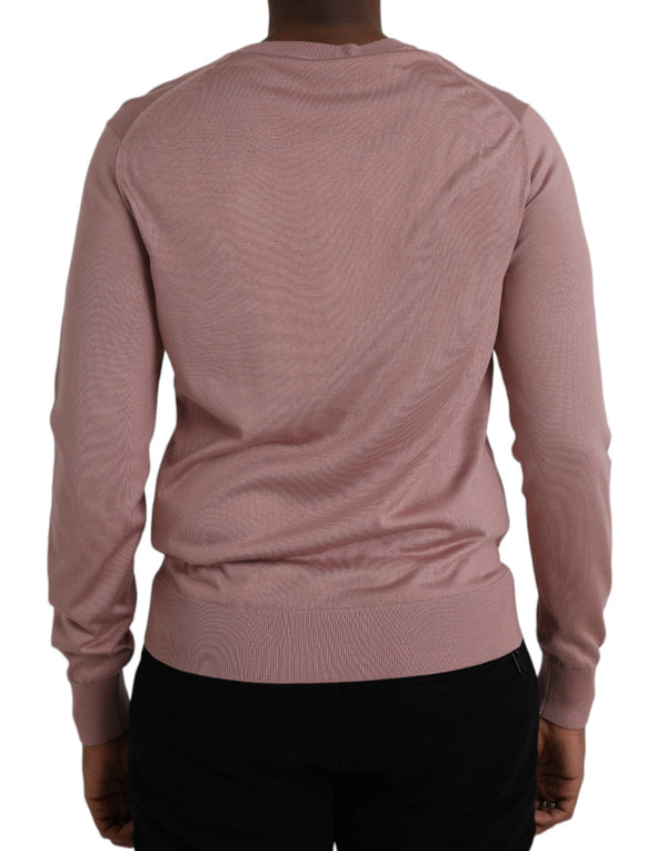 Dolce & Gabbana Pink Silk V-neck Long Sleeve Pullover Sweater