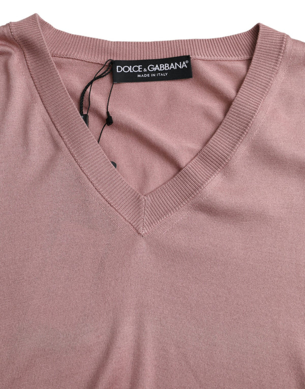 Dolce & Gabbana Pink Silk V-neck Long Sleeve Pullover Sweater