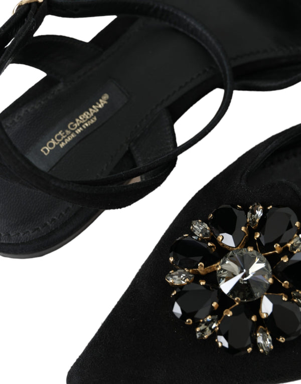 Dolce & Gabbana Black Leather Crystal Slingback Sandals Shoes