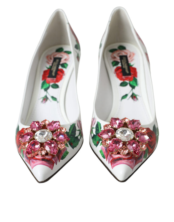 Dolce & Gabbana White Leather Roses Crystal Bellucci Pumps Shoes