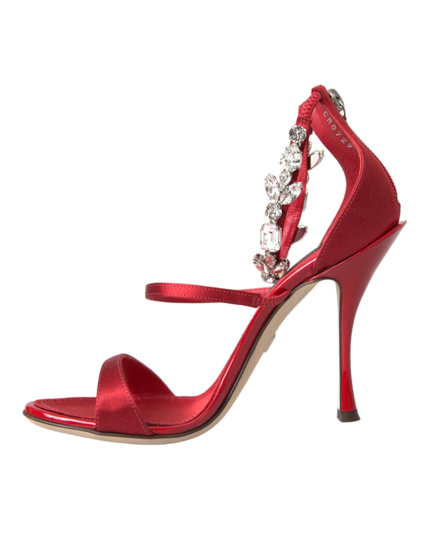 Dolce & Gabbana Red Keira Satin Crystals Sandals Heels Shoes