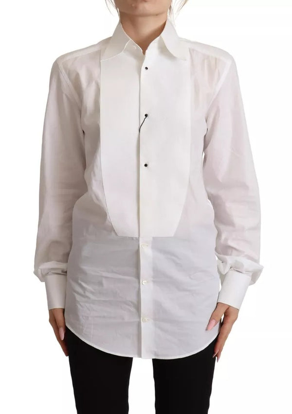 Dolce & Gabbana White Cotton Dress Collared Long Sleeves Shirt Top