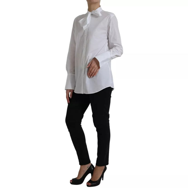 Dolce & Gabbana White Cotton Ascot Collar Long Sleeves Top