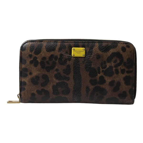 Dolce & Gabbana Brown Leopard Leather DG Zip Around Continental Wallet