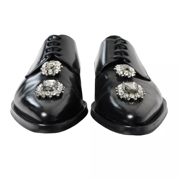 Dolce & Gabbana Black Leather Crystal Lace Up Formal Shoes