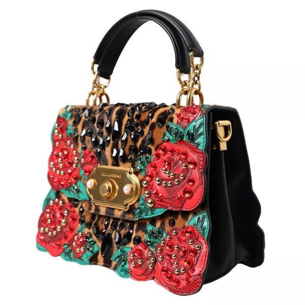 Dolce & Gabbana Multicolor Leopard Crystal Roses WELCOME Fur Bag