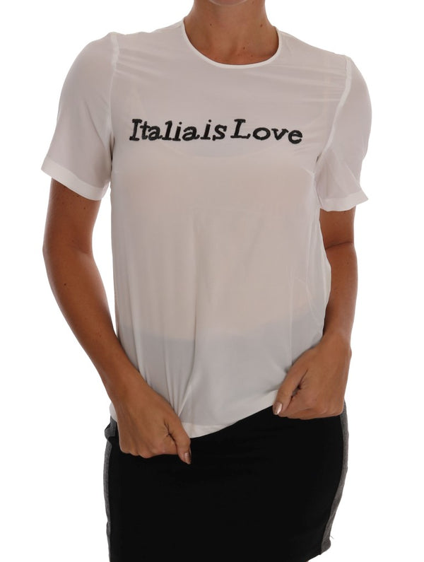 Dolce &amp; Gabbana White Silk ITALIA IS LOVE Pusero T-paita